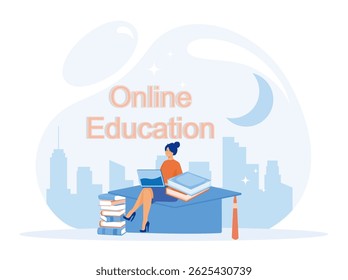Online Education concept. A woman learning online in a cityscape setting, symbolizing modern education and technology in the digital age. 