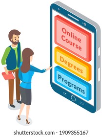 Online education concept. Woman presses buttons on smartphone in education application on screen. Distance e-learning, modern technologies and programs for study via internet, educational app