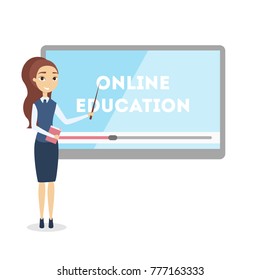 Online education concept. Woman with stick and screen.