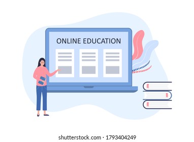 Online education concept. A woman teacher explains theory, practice. Home education, online training, webinars, electronic library. Flat vector illustration on white background.