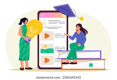 Online education concept. Women with light bulb and stack of books near smartphone. Remote education and training. Online courses and lectures, webinars. Flat vector illustration