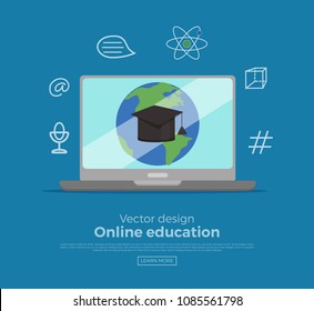 Online education concept. Workplace student with computer screen connection link with internet. Modern global webinar or tutorial study illustration. E-learning  for web school, courses, training