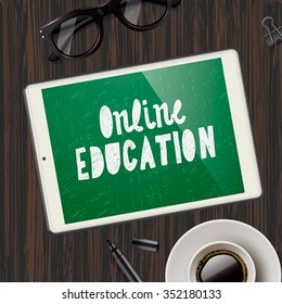 Online education concept, workspace with device, glasses and cup of coffee, wooden background, vector illustration.