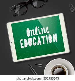 Online education concept, workspace with pad device, glasses and cup of coffee, black background, vector illustration.