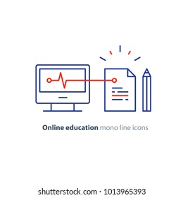 Online education concept, writing assignment, vector mono line icon