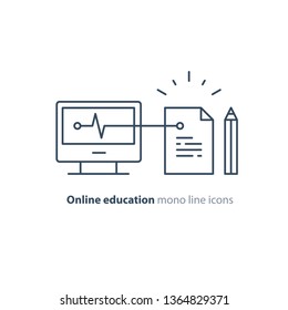 Online education concept, writing assignment, vector mono line icon