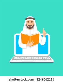 Online education concept. Young arab man teacher holds open book and lifts a finger up to share knowledge. Cartoon vector illustration. Distance learning by computer. Virtual library on internet