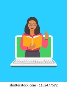 Online education concept. Young black woman teacher holds open book and lifts a finger up to share knowledge. Cartoon vector illustration. Distance learning by computer. Virtual library on internet