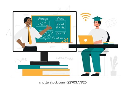 Online education concept. Young guy in graduate hat listens to teachers lecture at blackboard. Education, learning and training, online webinar. Distance lesson. Cartoon flat vector illustration