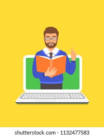 Online education concept. Young man teacher holds open book and lifts a finger up to share knowledge. Cartoon vector illustration. Distance learning by computer. Virtual library on internet