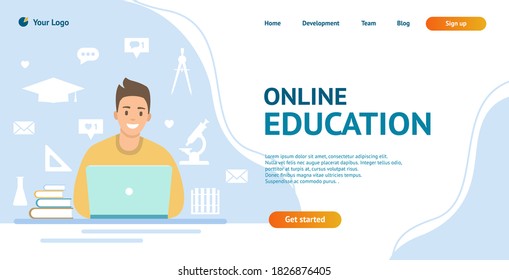 Online education concept. Young man with laptop. Web icons and elements. Landing page template, vector illustration in flat style.