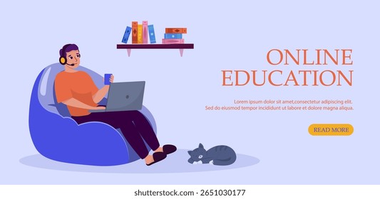 Online education concept with young man sitting on bean bag and using laptop. Banner for remote learning, digital courses and study from home.