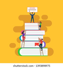 Online education concept with young people. Diploma receiving. Vector illustration can use for training courses, home schooling, distance and e-learning learning. 