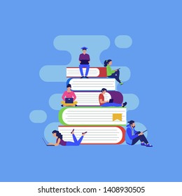 Online education concept with young people. Diploma receiving. Vector illustration can use for training courses, home schooling, distance and e-learning learning. 