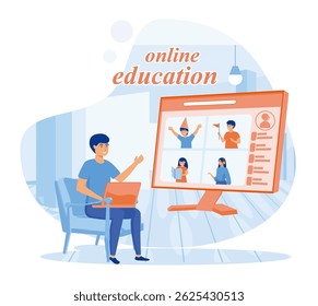 Online Education concept. Young person engaging in online education through a virtual classroom platform, interacting with participants visually displayed on a computer screen.