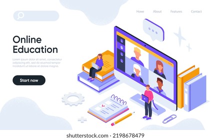 Online education concept. Young students listen to course or remote lecture via video link. Learning and study. Design element for landing page or website. Cartoon isometric vector illustration