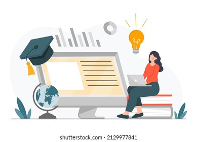 Online education concept. Young woman sitting on stack of books, holding laptop and watching webinar or video course. University student gets new knowledge. Cartoon modern flat vector illustration