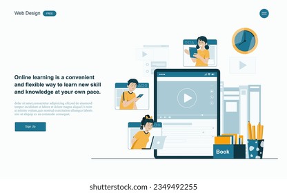 Online-Bildungskonzept.Online-Lernen mit Plattform und Ressourcen.Vektorgrafik.
