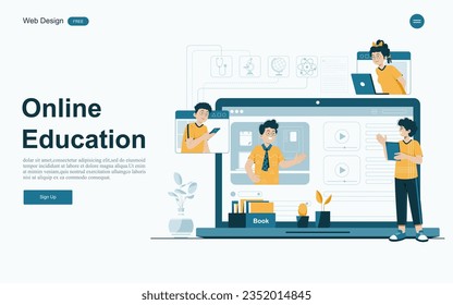 Concepto de educación en línea.Aprendizaje en línea con plataforma y recursos.Ilustración vectorial.