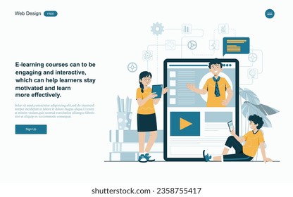 Concepto de educación en línea.Aprendizaje en línea con plataforma y recursos.Ilustración vectorial.