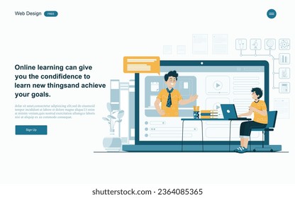 Concepto de educación en línea.Aprendizaje en línea con plataforma y recursos.Ilustración vectorial.