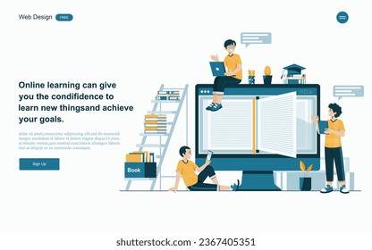 Concepto de educación en línea.Aprendizaje en línea con plataforma y recursos.Ilustración vectorial.