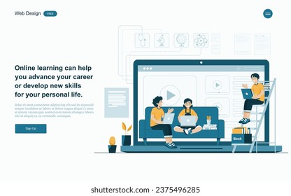 Concepto de educación en línea.Aprendizaje en línea con plataforma y recursos.Ilustración vectorial.