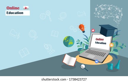 Online education concept.Online education via computer or laptop. Flat design work, with icon, links for brain cells, bulbs, books, graduation hats, test tubes, magnifiers and educational materials.