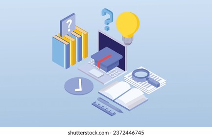 Online-Bildungskonzepte, Lernen und Kurse für Erwachsene. Fernschule.auf blauem Hintergrund.3D design.isometrische Vektordesign Illustration.