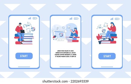 Online education concepts for mobile app onboarding page. Online courses and education distant internet programs application start pages kit, flat vector Illustration.