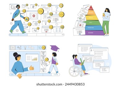 Online education concepts set. Gamification learning with multimedia. Teaching inclusion. Vector flat outline illustration collection isolated on white background.