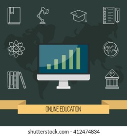 Online education concept.Vector flat design illustration concept for online education with thin line icons - globe, books,pen,notebook,chemistry, building, academic cap and desk lamp.