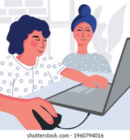 online education concept.Webinar online concept illustration. Mother and son use video chat on laptop to make conference. Set of people business activity. Work remotely from home. 