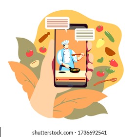 Online Education For Cooking By Internet. Phone Display With Video Of Chef Teacher Cook, Virtual Culinary Lesson. Distant Food Preparing Master Class. Vector