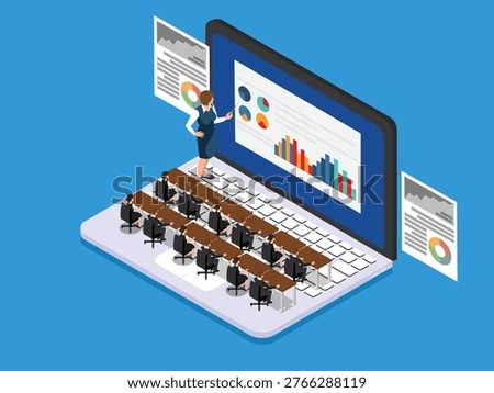 Online Education and Corporate Training Concept with Business People Sitting at Desks on a Laptop Keyboard and Teacher Presenting Financial Data Charts 3d isometric vector illustration