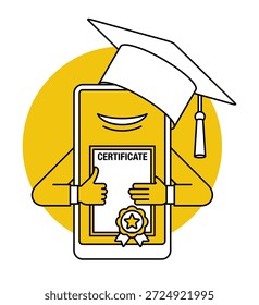 Educación en línea y finalización del curso con certificado digital y tope de graduación. Simboliza el aprendizaje electrónico, el desarrollo de habilidades, la certificación y los resultados de capacitación exitosos.