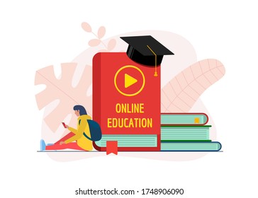 Online education course design concept. Remote e-learning student teenager girl with smartphone and library books stack. Distance studying and internet teaching knowledge flat eps banner