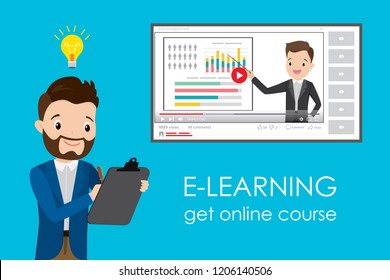 Online Education Course E-learning.Learning by the webinar training.Businessman tutor or coach.Flat vector illustration