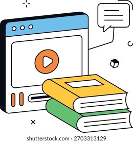 Curso de educação online com livros, botão de reprodução de vídeo e bate-papo. Usado para recursos de aprendizagem, tutoriais e conceitos de e-learning. Ilustração vetorial plana isométrica.