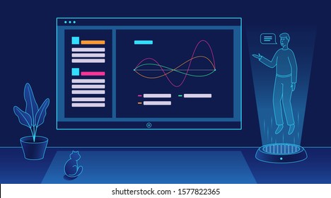 Online education course, internet study and distance learning. Virtual teacher and assistant explains graph information by interactive interface. Tutorial broadcast, video. Vector illustration