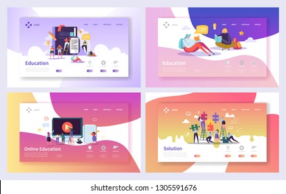 Online Education Course Landing Page Set. Distance Training Business Technology Abstract Design. Internet E-learning School Information Website or Web Page. Flat Cartoon Vector Illustration