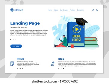 Online education course landing page template. E-learning web design mock up with student male and play video sign on cover book. Remote learning and internet studying knowledge webinar vector concept