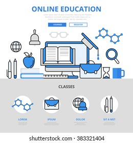 Online education course library concept flat line art vector icons. Modern website infographics illustration hero image web banner. Lineart collection.