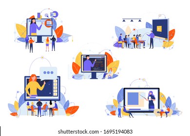 Online education, course, study, seminar, training set concept. Men women students teenagers learning online on internet. Digital courses, online study process, training, watching educational videos.