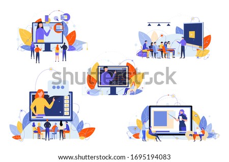 Online education, course, study, seminar, training set concept. Men women students teenagers learning online on internet. Digital courses, online study process, training, watching educational videos.