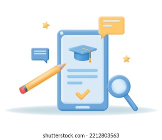 Online Education courses application, e-learning concept. 3d smart phone with graduate cap on screen. Realistic Vector illustration.