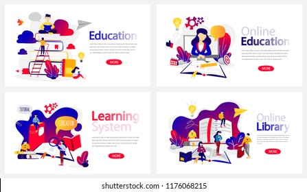 Online education courses banner set. Online library and e-learning system. Modern wireless technology. Isolated flat vector illustration