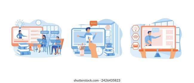 Online education courses. Businessman hand touching screen with lecture media. Online Education Social Media. set flat vector modern illustration 