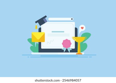 Educação on-line, Cursos on-line, Certificação on-line, Certificado de aprendizagem à distância, Distance learning certificate, Badge, Sucesso, Certificado no laptop - ilustração vetorial com ícones
