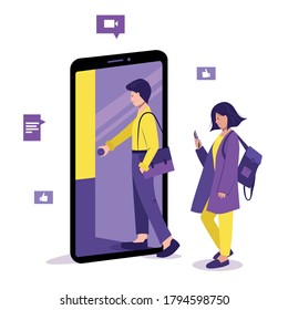 Online education, courses concept. Homeschooling. Lesson or webinar. Student opens the door to the classroom on the phone screen and goes inside. Girl uses smartphone. Isolated vector illustration